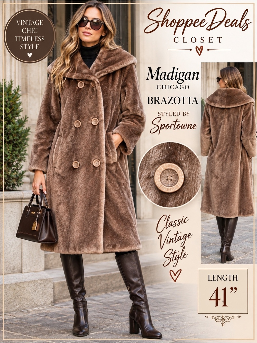 Madigan Chicago Brazotta by Sportowne Faux Fur Double-Breasted Coat